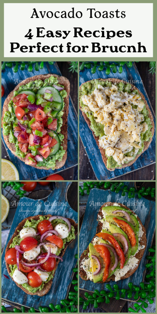 Four variations of avocado toast on wooden boards, labeled '4 Easy Recipes Perfect for Brunch': one with chopped tomato, cucumber, onion, and green pepper; one with scrambled eggs; one with cherry tomatoes, mozzarella balls, and red onion; and one with sliced avocado, roasted red peppers, and cream cheese