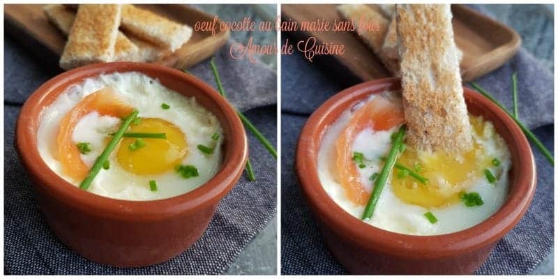 Two side-by-side images of eggs en cocotte served in terracotta ramekins, topped with smoked salmon, chives, and a soft-cooked egg yolk. One image shows a toast soldier dipped into the yolk, placed on a grey napkin with more toast sticks in the background