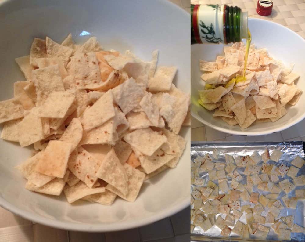 Step-by-step preparation of crispy pita chips for fattoush salad, showing pita bread cut into small squares, drizzled with olive oil, and arranged on a foil-lined baking tray ready for toasting