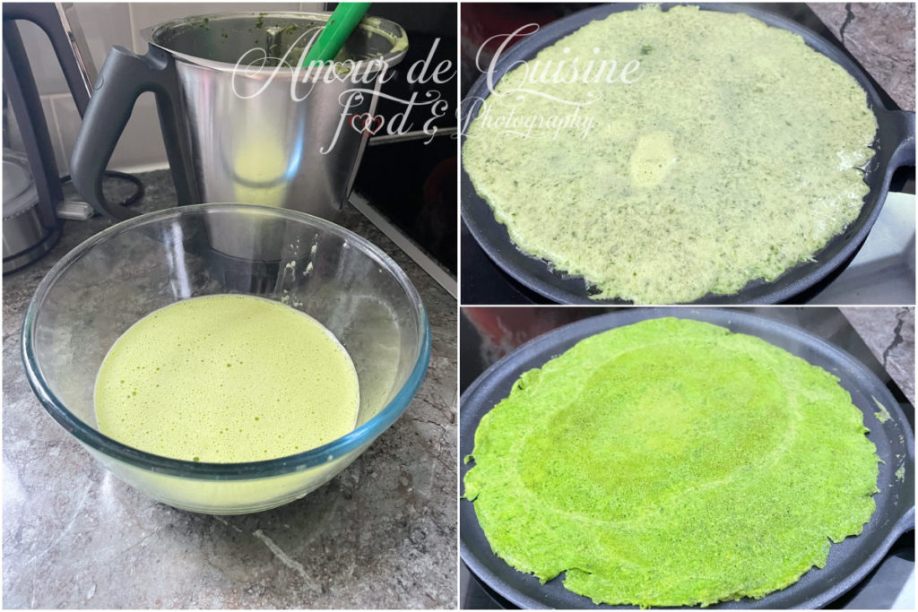 A step-by-step collage showing the process of making spinach tortillas: blended spinach and egg batter in a glass bowl, raw batter cooking in a pan, and a vibrant green tortilla fully cooked and ready to serve