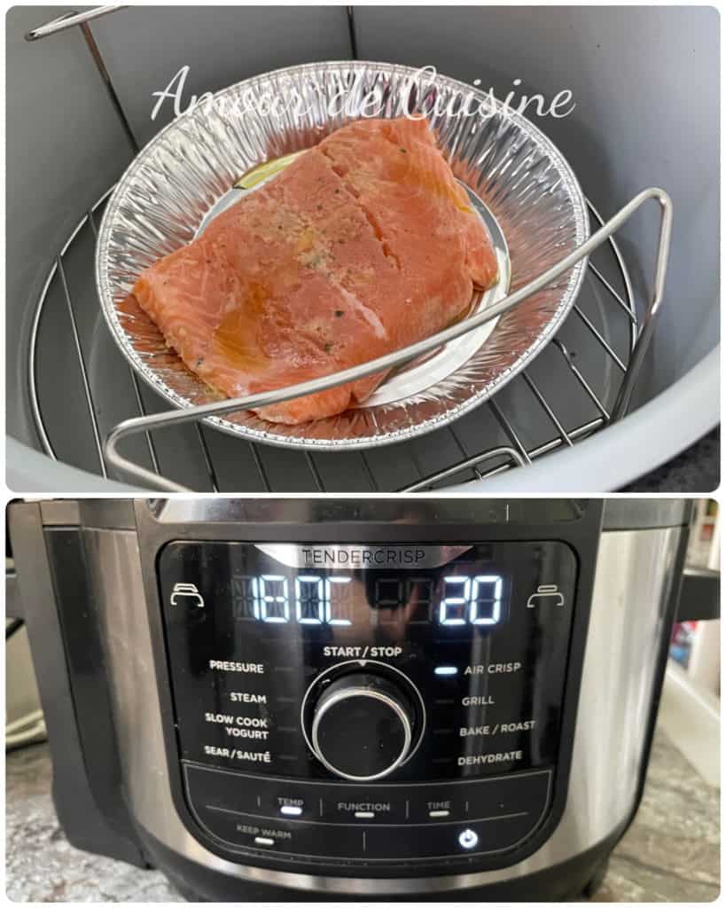 Two-part image showing the preparation of salmon in an air fryer. The top section features a raw, seasoned salmon fillet placed in a disposable aluminum tray inside the air fryer basket. The bottom section displays the air fryer’s digital control panel set to 180°C for 20 minutes on the "Air Crisp" mode