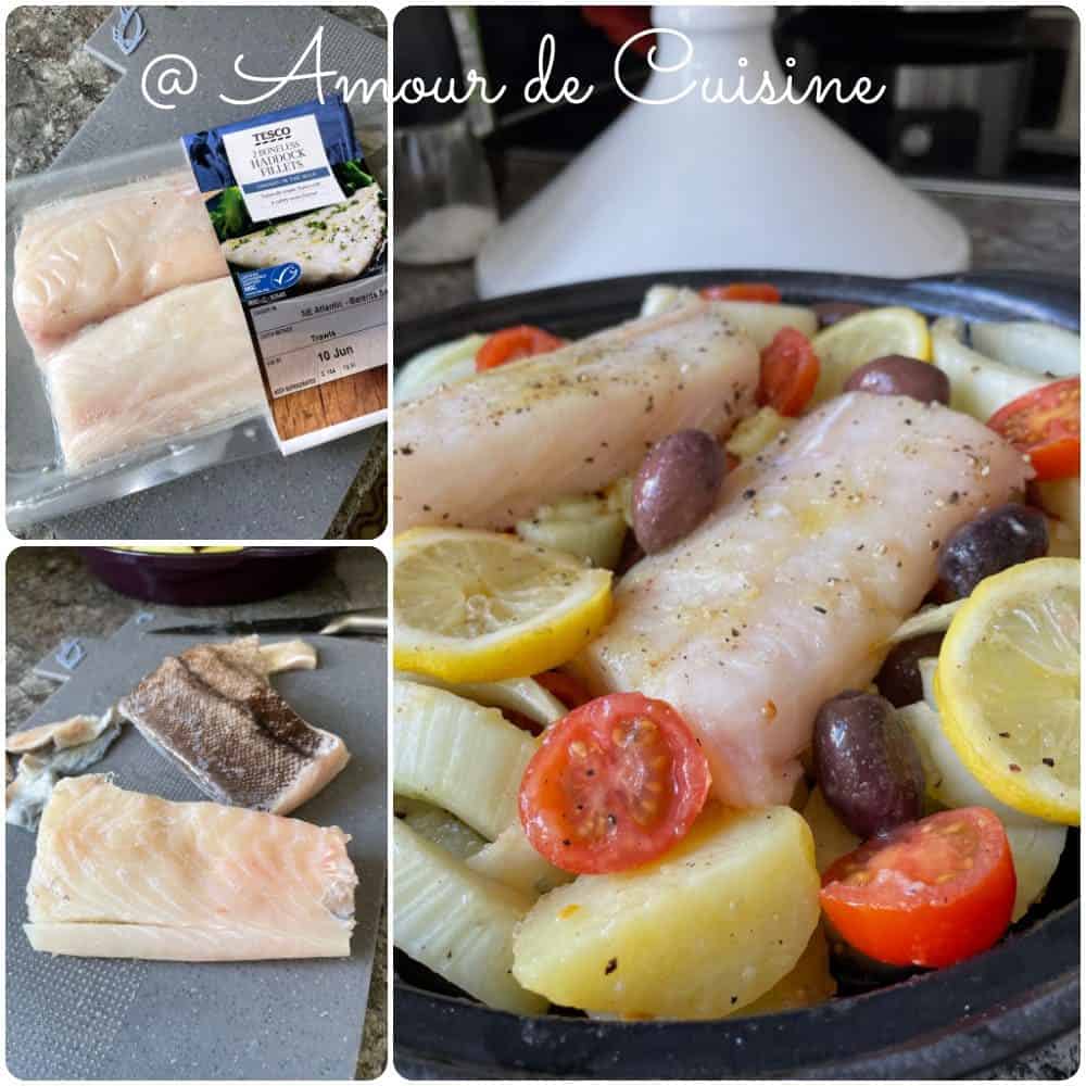 A collage showing the preparation of a fennel, olive, and haddock tagine. The top-left image displays packaged Tesco haddock fillets. The bottom-left shows one fillet with the skin removed on a cutting board. The right image features the raw tagine, beautifully arranged with sliced potatoes, fennel, cherry tomatoes, lemon rounds, olives, and two seasoned haddock fillets, ready for baking. The scene is set in a home kitchen, highlighting the easy and fresh homemade preparation.