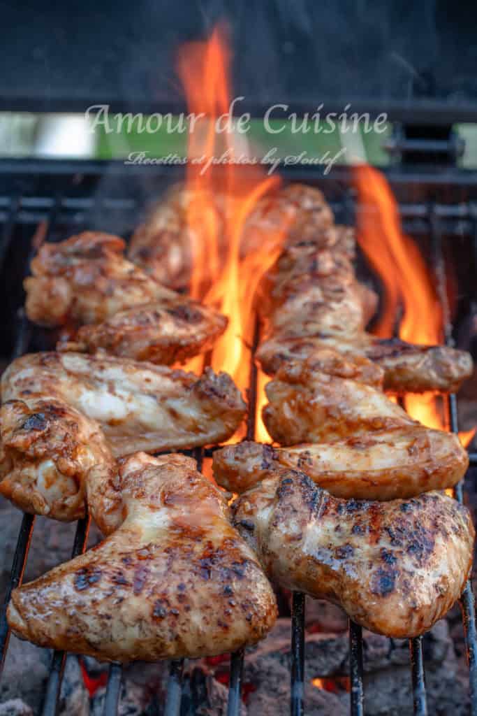 Chicken wings sizzling on a hot grill with open flames and glowing coals, showing a delicious golden-brown char as they cook over high heat during a backyard barbecue