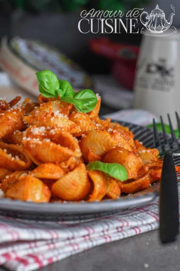 Close-up of shell pasta with tomato vegetable sauce, garnished with grated cheese and fresh basil, served on a grey plate over a red-and-white cloth