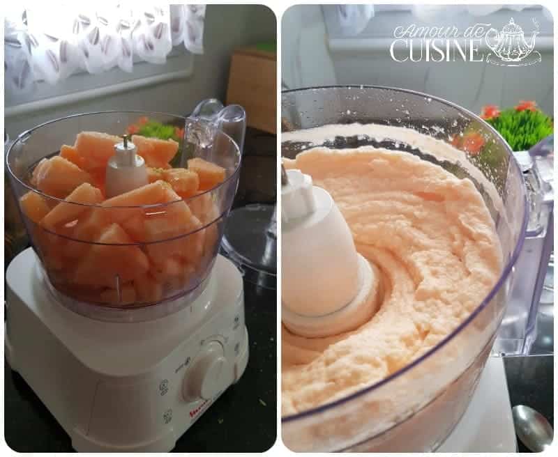 Side-by-side images showing frozen melon chunks in a food processor on the left, and the blended creamy melon sorbet mixture on the right, ready to serve