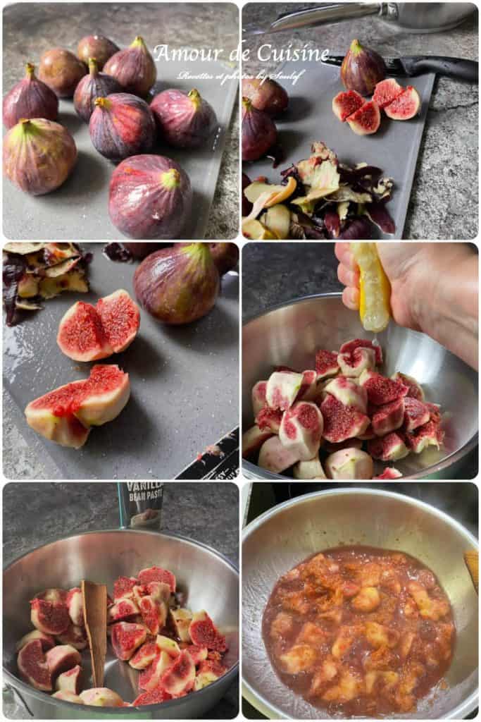 A step-by-step photo collage showing the preparation of sugar-free fig compote. The first image displays whole fresh figs on a cutting board. The next few images show the figs being cut and peeled, with skins discarded. Then, peeled fig pieces are placed in a mixing bowl, followed by the addition of freshly squeezed lemon juice. Vanilla bean paste is added before cooking. The final image shows the figs simmering in a pot, forming a thick, bubbling compote. The setting is a rustic kitchen workspace with a metal bowl and natural lighting.